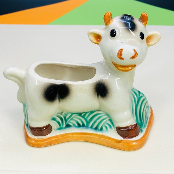 Vintage 60s Ceramic COW Planter - Mid Century Kitsch Toothpick or Match Holder - Picture 8 of 13